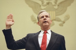 Former National Security Adviser Robert McFarlane is sworn in on Capitol Hill before the House Foreign Affairs Committee in Washington, Dec. 8, 1986. McFarlane testifies before the committee that President Reagan gave his approval for an "indirect" shipment of arms to Iran in the summer of 1985. (AP Photo/J. Scott Applewhite)